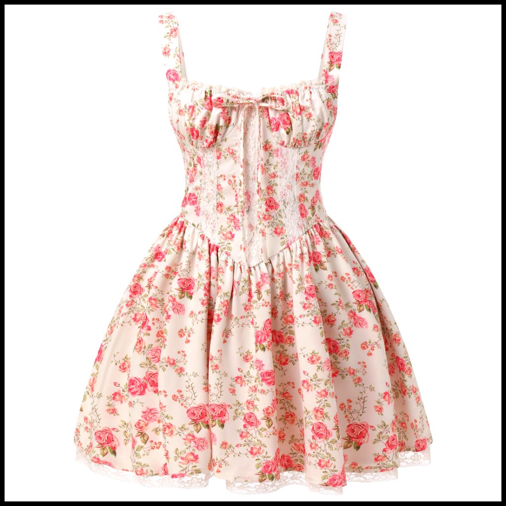 Floral Corset Mini Dress With Spaghetti Straps Lace Trim Backless Sundress